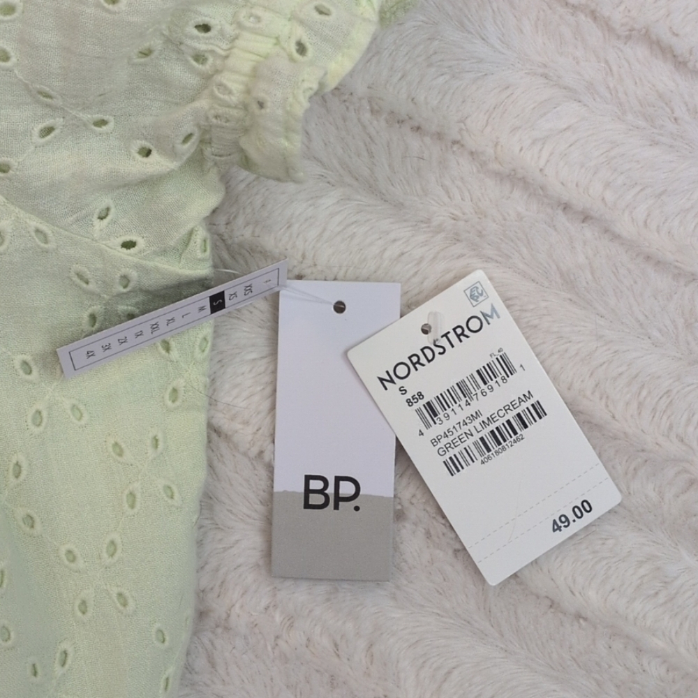 BP Eyelet Mini-Dress, Button Front Puffed Sleeves Lemon Lime Color - Picture 10 of 12